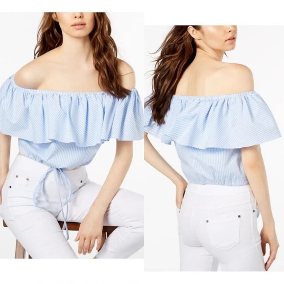 Jill Stuart Tops - Jill Stuart • Striped Off The Shoulder Ruffle Crop Top